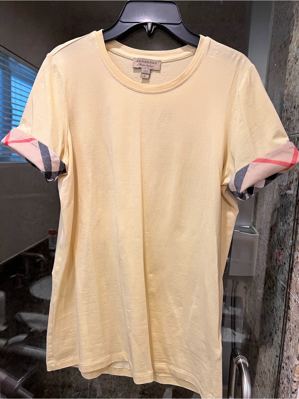 Burberry Pale Yellow Short Sleeve Tee with Signature Check Cuffs
